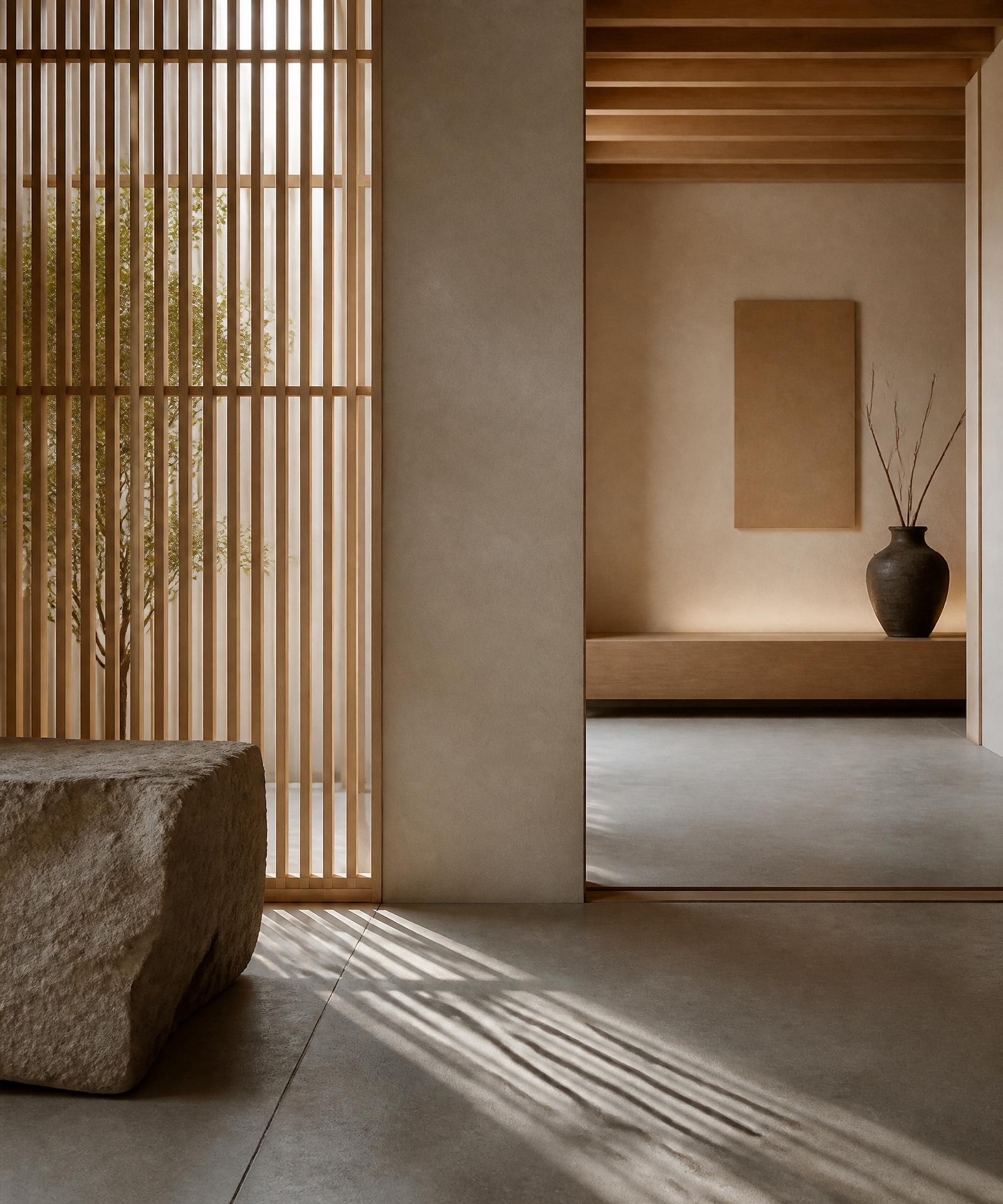 Minimal Japanese interior, wood, stone, and diffused light.